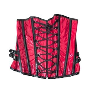 Burleska Red Vinyl Black Trim Corset Lace Up Buckle Women's XL Steampunk Goth